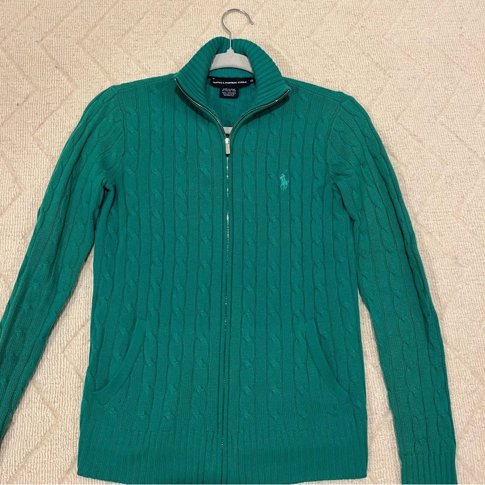 RALPH LAUREN CASHMERE Polo Golf Green Cableknit Silver Zipper Sweater - Size XS